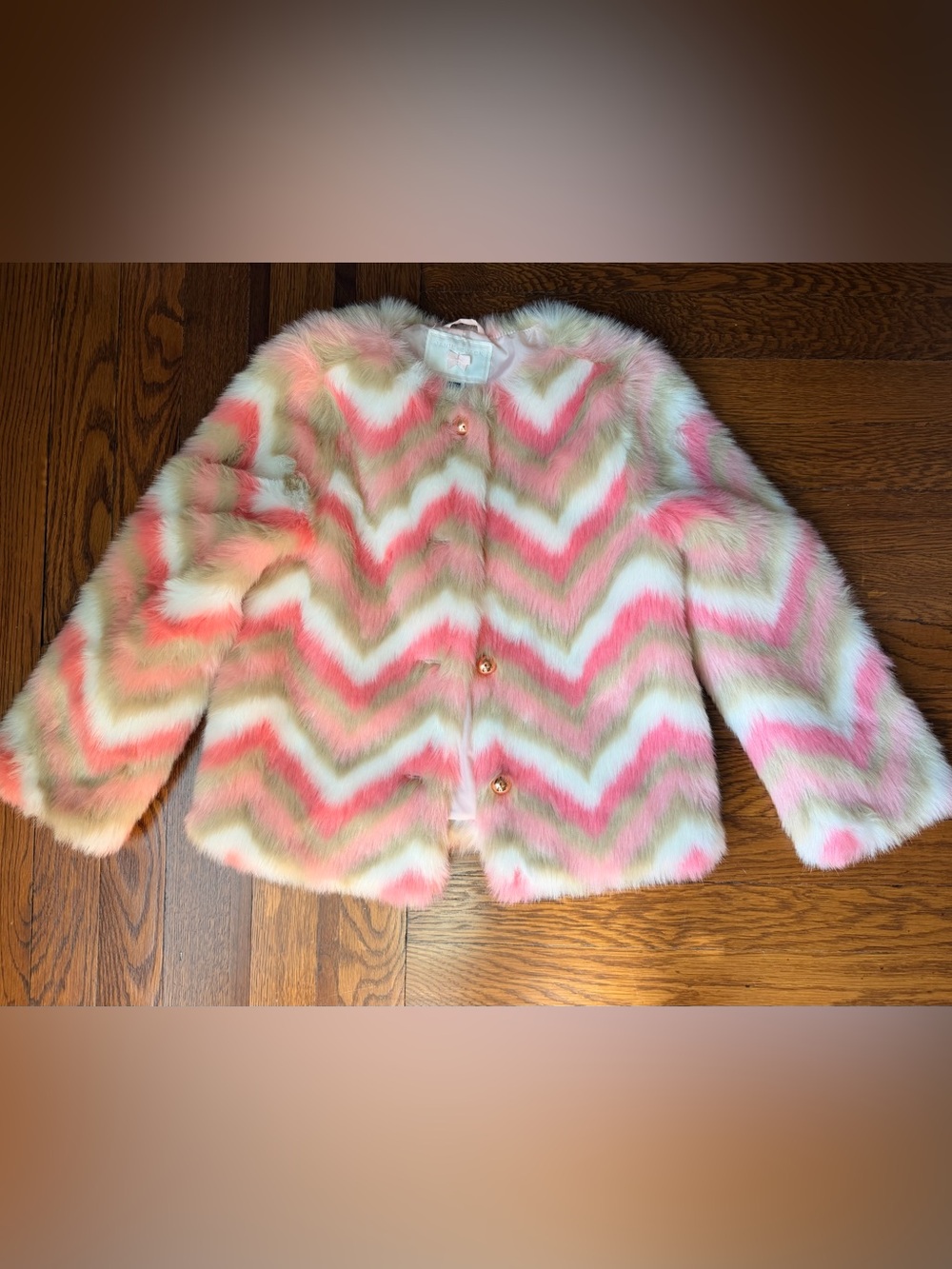 Janie and Jack Pink, White & Tan Chevron Faux Fur Pea Coat